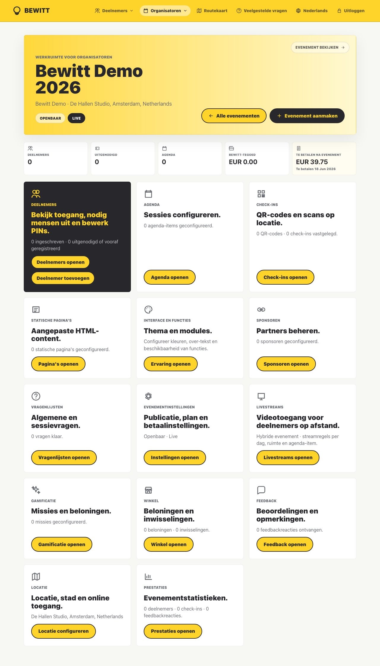 Volledige Bewitt-werkruimte voor organisatoren met dashboard, statistieken en beheerkaarten