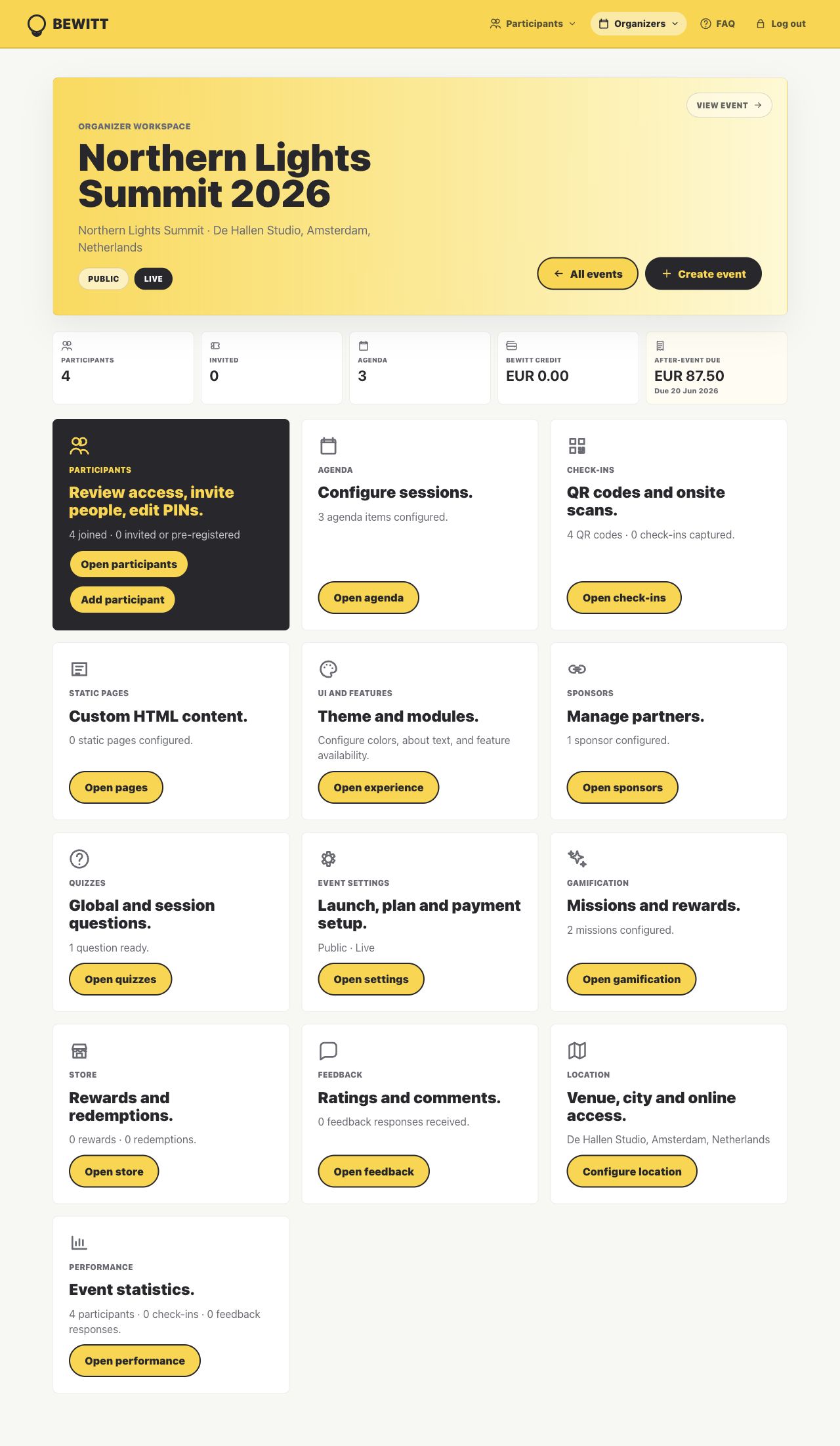 Full-height Bewitt organizer workspace with event dashboard, stats, and management cards