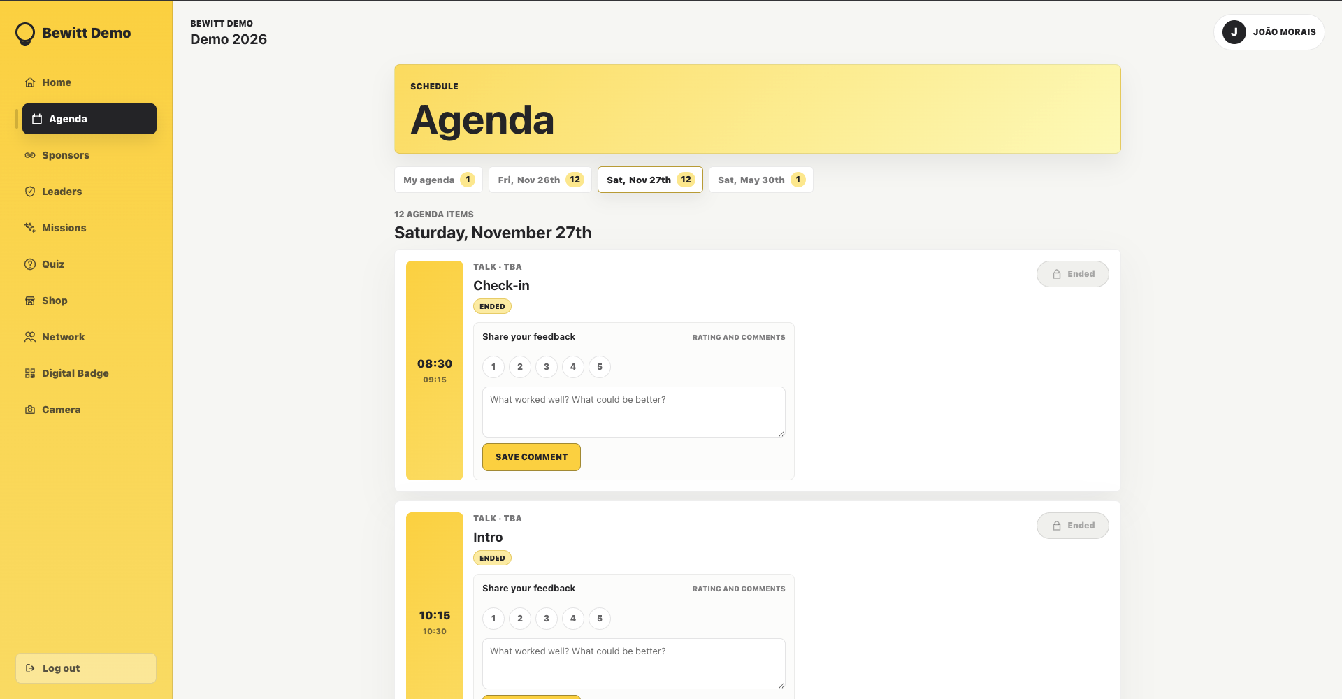 Bewitt attendee view showing the event agenda