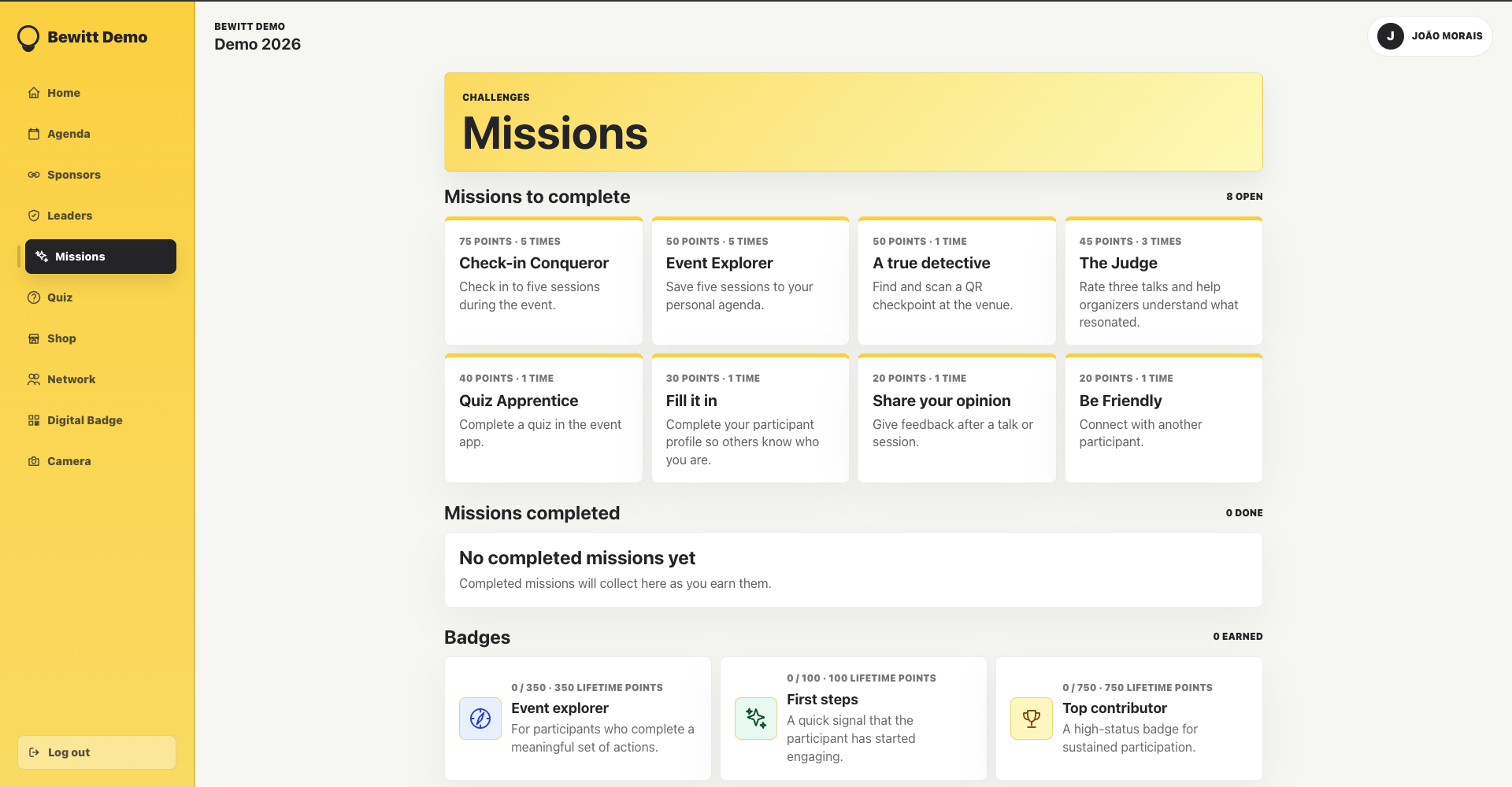 Bewitt attendee view showing available event missions