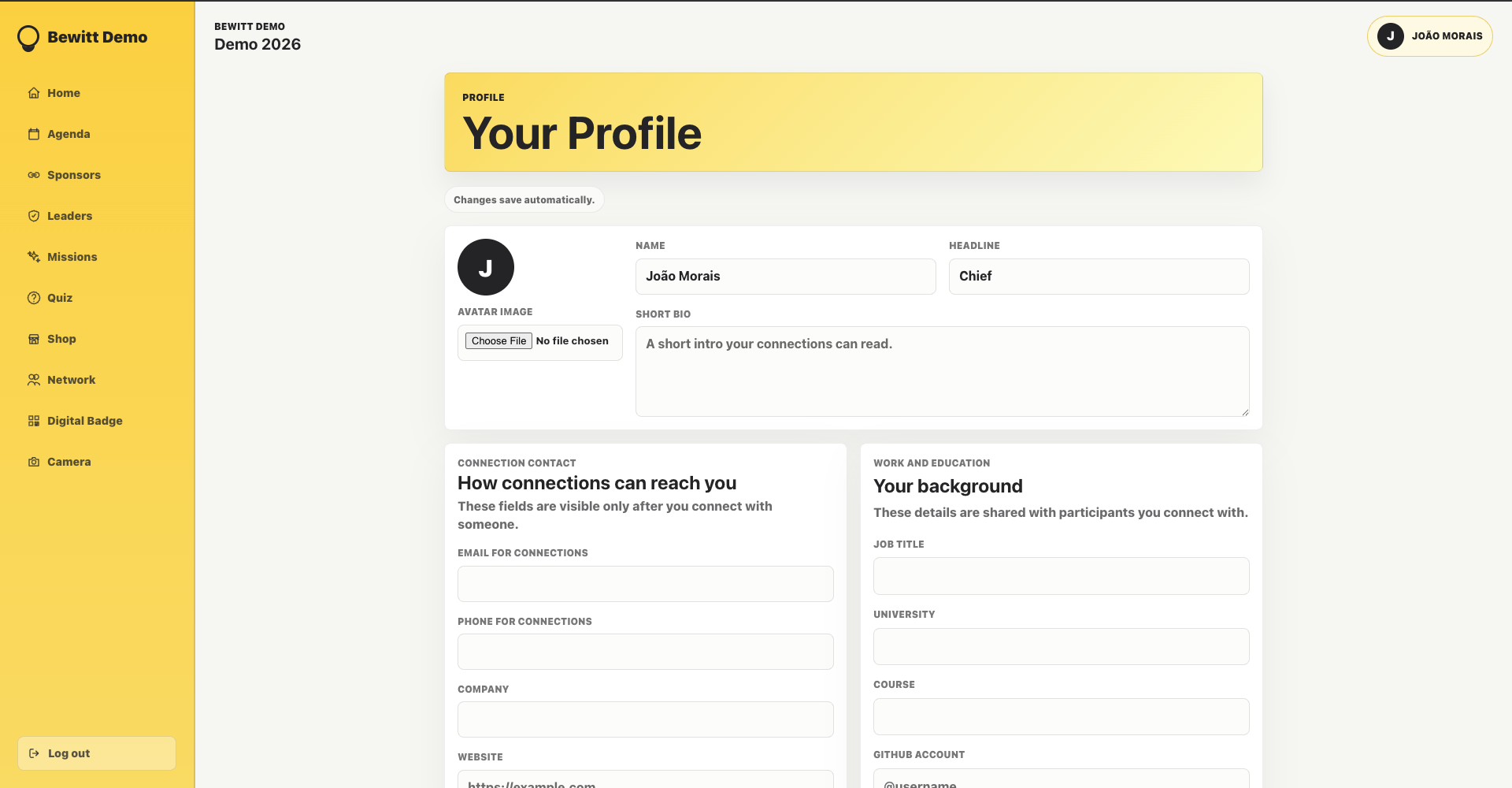 Bewitt attendee view showing a participant profile