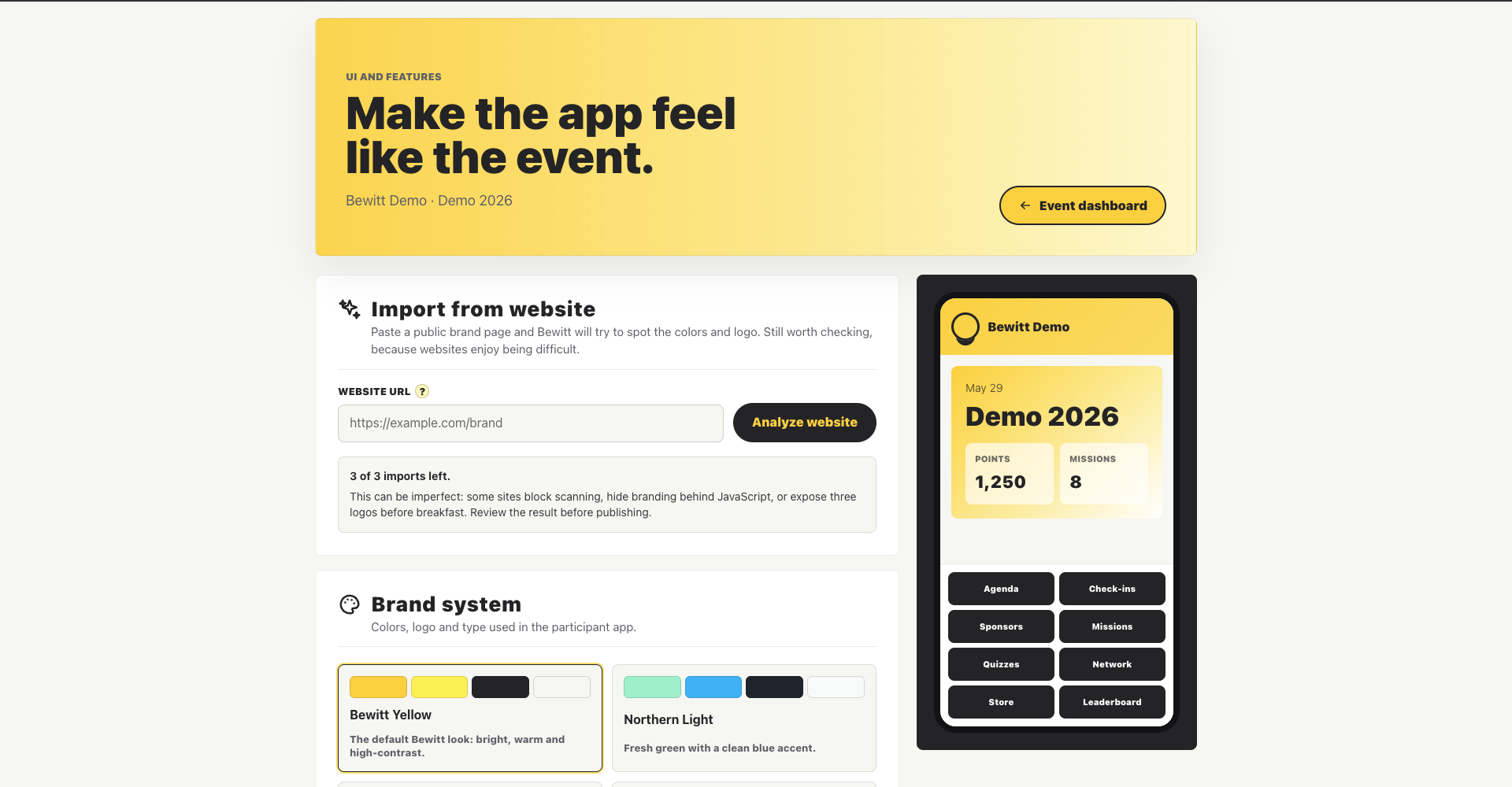 Bewitt organizer view for customizing an event workspace
