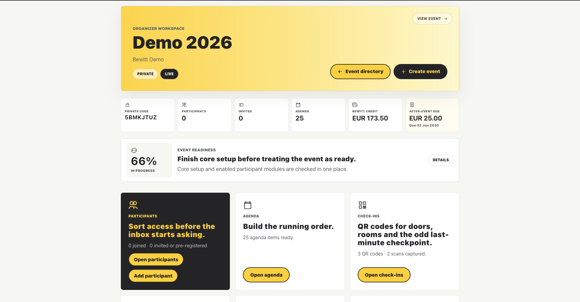 Bewitt organizer view for setting up an event landing page