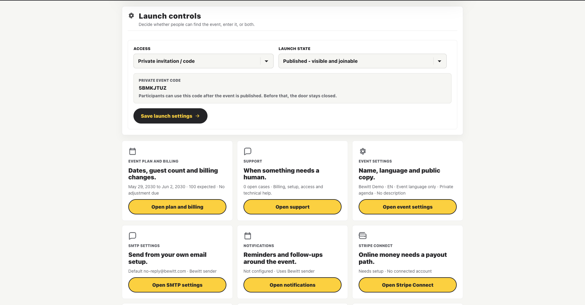 Bewitt organizer view for configuring event settings