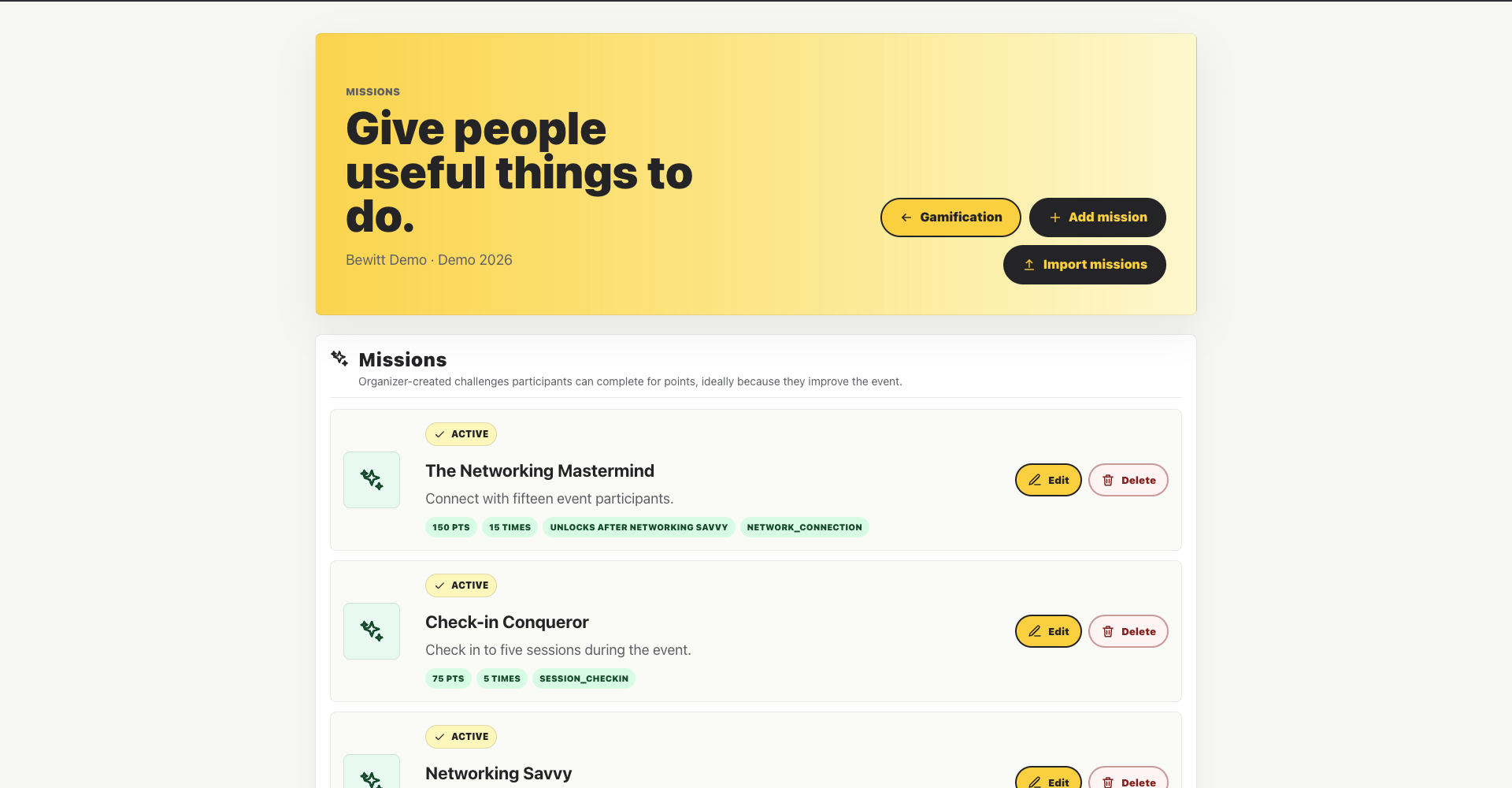 Bewitt organizer view for configuring event missions