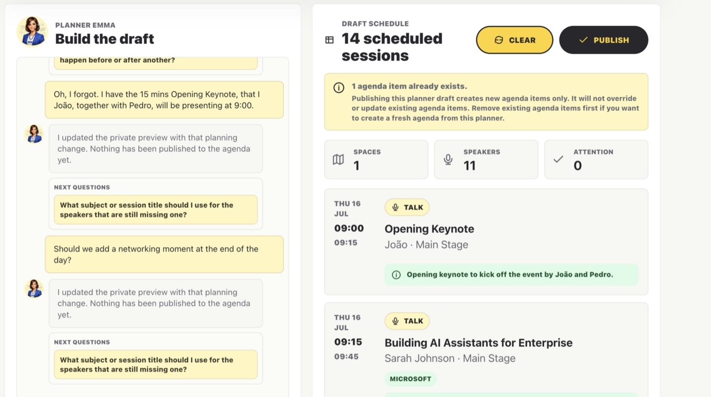 Emma Session Planner building a private draft schedule with agenda preview and publish controls